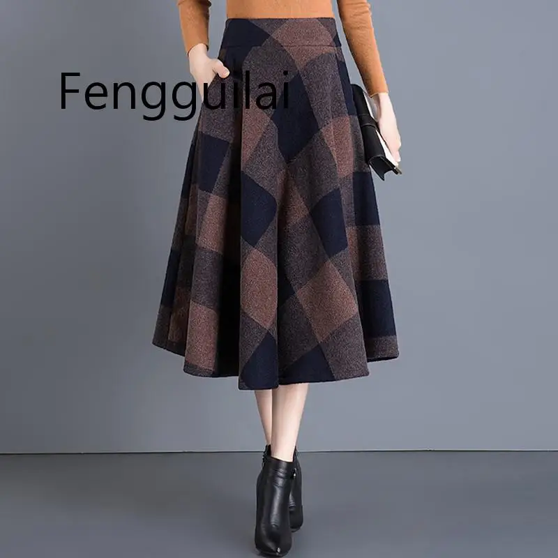 

Vintage Plaid Skirt Women Autumn Winter England Style High Waist Woolen Skirt Midi Length Elegant Plus Size Ladies a line skirts