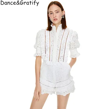 

2019 Summer New Slim French Openwork White Cotton Playsuits Stand Collar Ruffled Trumpet Sleeve High Waist Casual Chic Jumpsuit