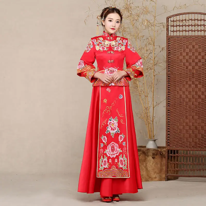 Bride Chinese Fashion Dress Kimono Dragon Phoenix Embroidery Cheongsam