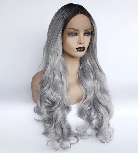 ombre grey synthetic lace front wavy wig glueless heat resistant fiber middle daily wig-17