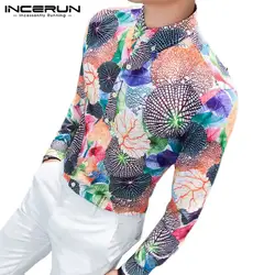 INCERUN Мужская рубашка с длинными рукавами с отворотом 2019 модная мужская футболка с бронзовым принтом Базовая Корейская рубашка, приталеная