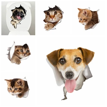 

Vinyl waterproof Cat Dog 3D Wall Sticker Hole View Bathroom Toilet Living Room Home Decor Decal Poster Background Wall Stickers