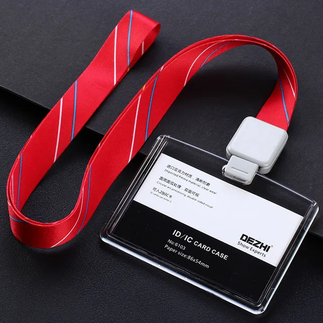 DEZHI Brand New Retractable Custom Lanyard with Full Transparent Business ID IC Card Holder,Vertical Horizontal Available H-red stripe rope