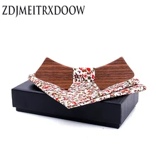 Печать Цветочные личности деревянный лук Галстуки Hanky Набор для мужские свадебные костюмы бизнес деревянная бабочка Hadkerchief хлопок 15 цветов