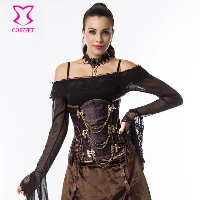 brown gothic steampunk clothing women plus size waist trainer corset plus size steel boned corsets