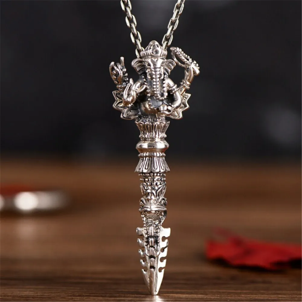 

HFANCYW S925 Sterling Silver Elephant Trunk God of Wealth Pendant for Man Retro Buddhist Pestle God Male Silver Jewelry Dropship