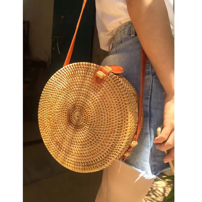 Summer Beach Travel Circle round knitting rattan bags Handmade Women Lady Handbag Leather Shoulder strap crossbody bags baobao