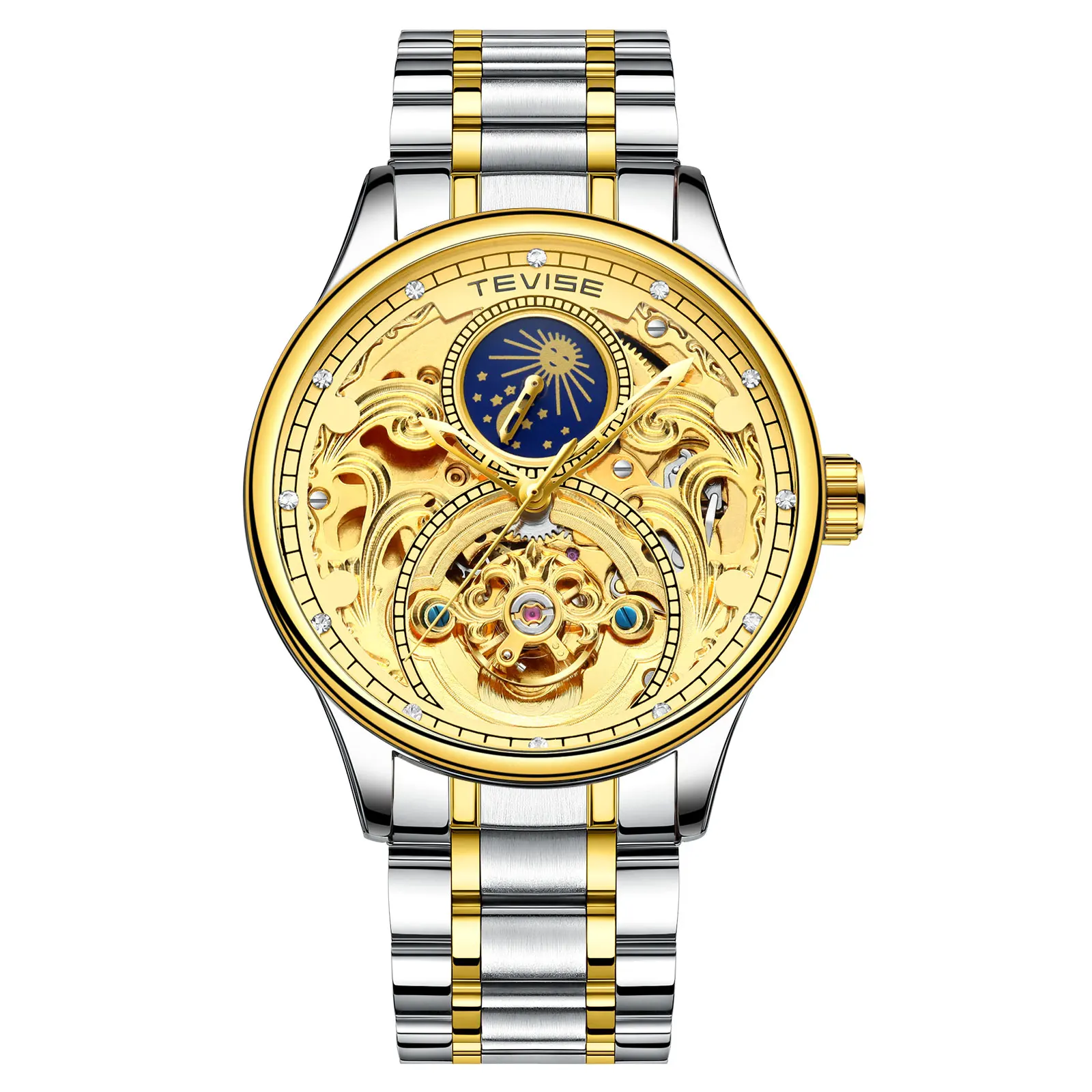 Tevise, автоматические часы для мужчин, механические часы, полый скелет, с автоматическим заводом, мужские роскошные Брендовые спортивные наручные часы, Relogio Masculino - Цвет: steel gold gold