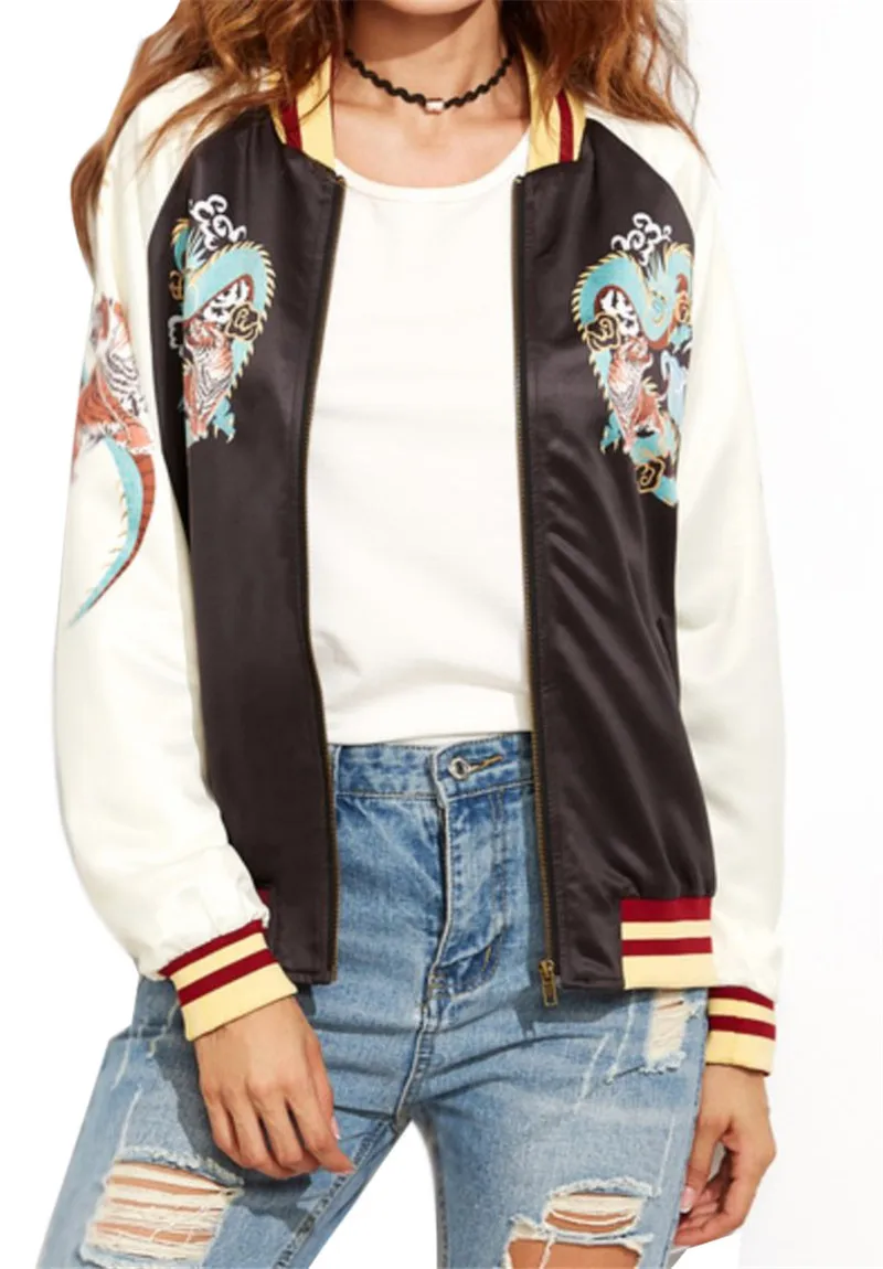 2018 Autumn Fashion Women Stand Collar Zipper Long Sleeve Basic Jacket Dragon Tiger Print Bomber Jackets Coats Streetwear