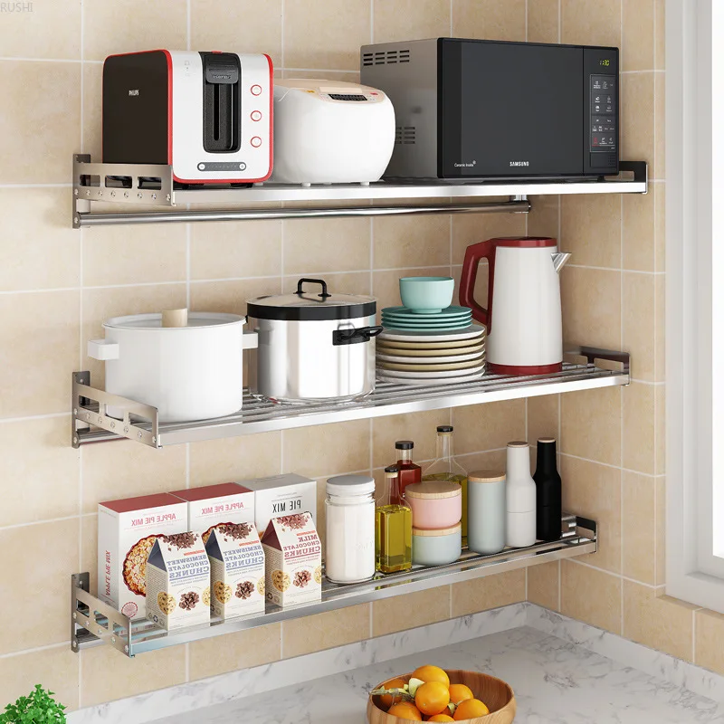  304 Stainless Steel Kitchen Rack Wall-mounted Microwave Oven Rack Wall Hanging Storage Shelf Season - 33034661574