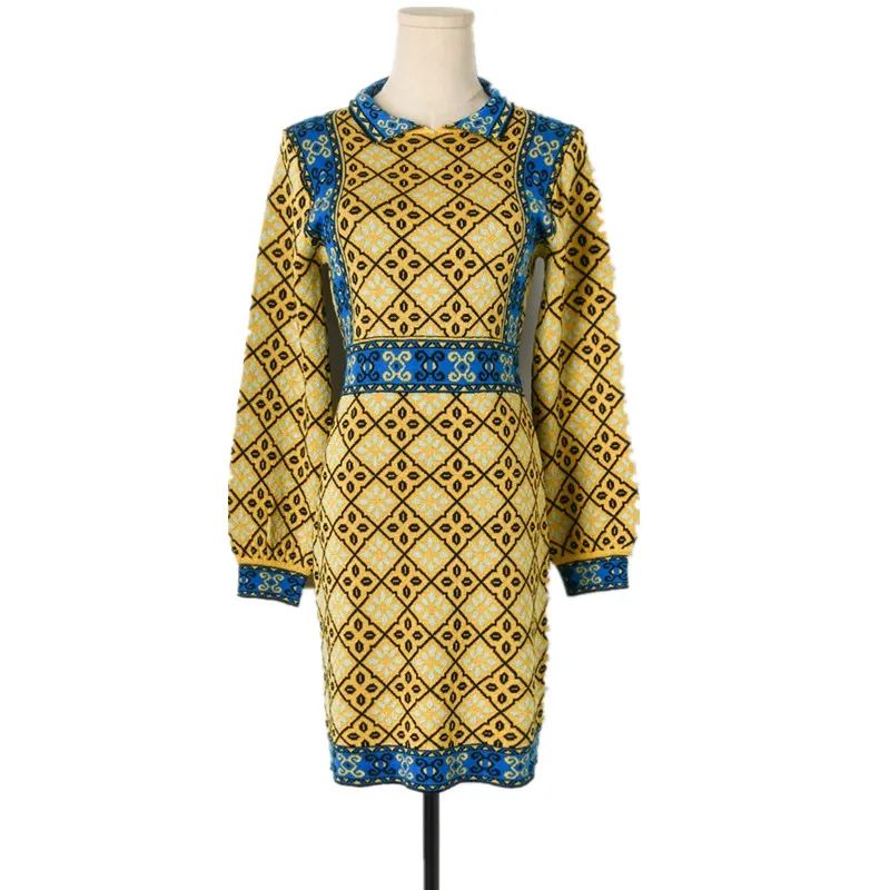 

Luxury Brand Designer Knitted Dress for Women Vintage Gold Line Jacquard Long Sleeve High Waist Knitted Dress