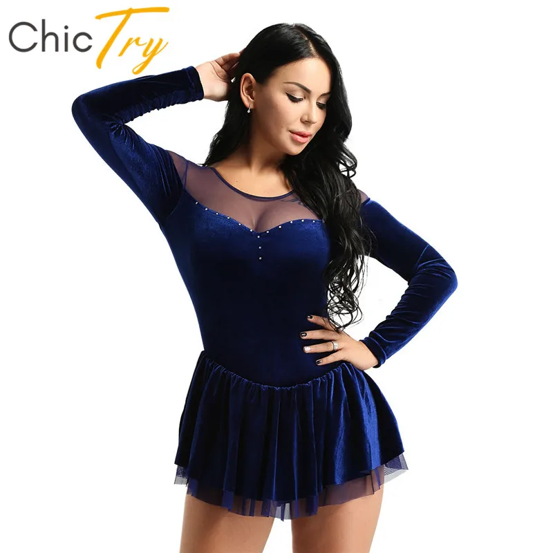 

ChicTry Women Velvet Ballet Leotard Figure Skating Costumes Adult Latin Ballet Tutu Dress Gymnastics Leotard Stage Dance Costume