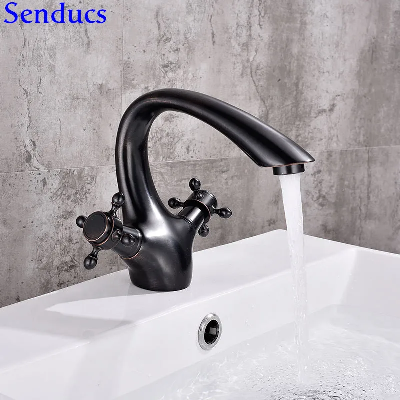 

Senducs Black Bathroom Basin Faucet of Dual Handle Brass Basin Sink Faucet with Quality Brass Hot Cold Black Bathroom Mixer Tap