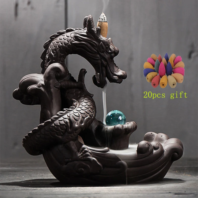 

Backflow Incense Burner Dragon With Crystal Ball + 20Pcs Creative Ceramic Incense Holder Censer Incense Cones Dropshipping