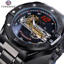 Forsining Transparent Automatic Men Watch Golden Bridge Mechanical Black Stainless Steel Band Skeleton Watches Relogio Masculino 2017 forsining china brand men watches dress automatic self wind watch black tourbillion dial imported 316l stainless steel band