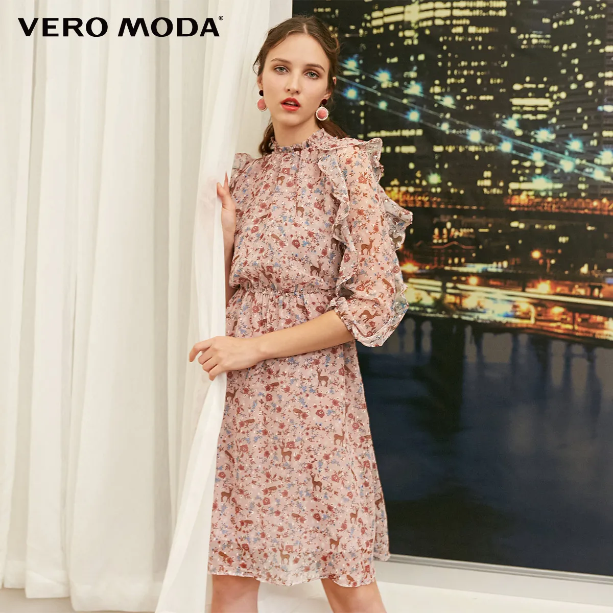 Vero Moda Новое Женское шифоновое платье с оборками и принтом | 31847C516 - Цвет: Fawn