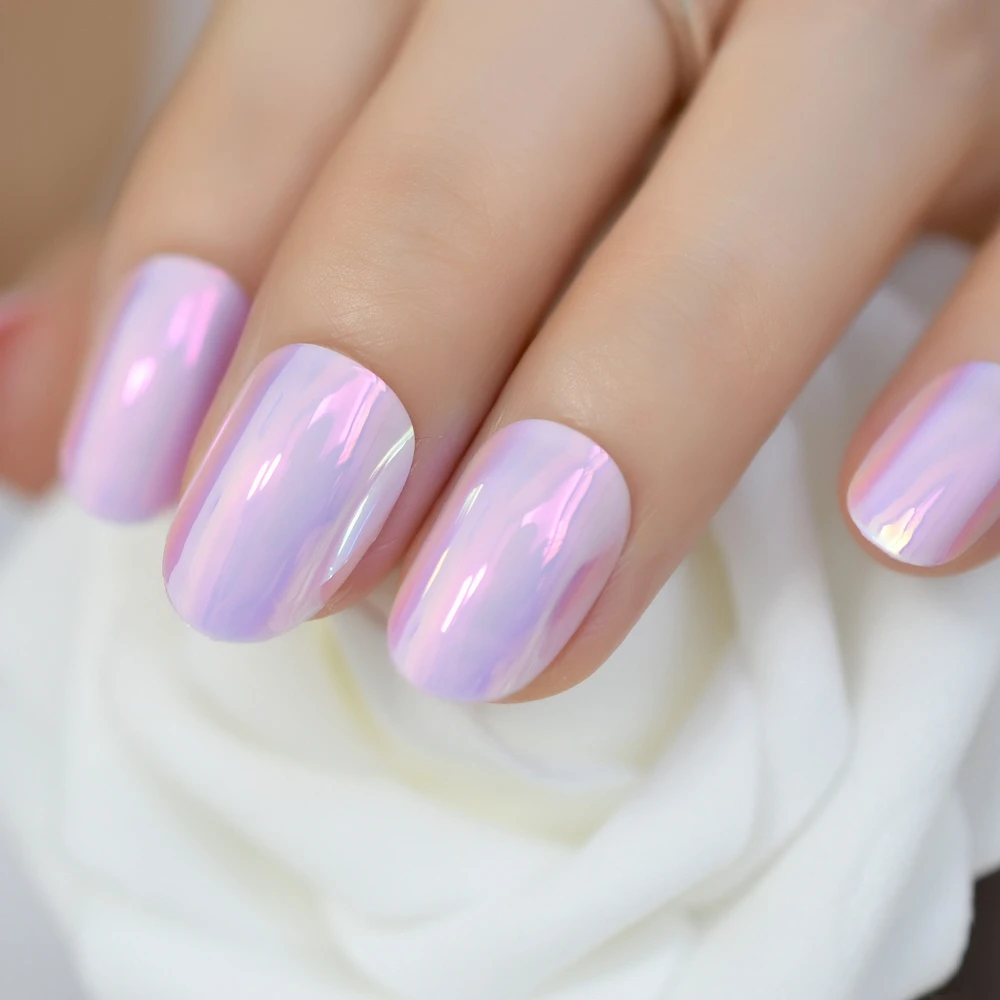Iridescent Pink Instant Nails Chrome Mirror Fake Nails Oval Short Nail Art Tips DIY Manicure