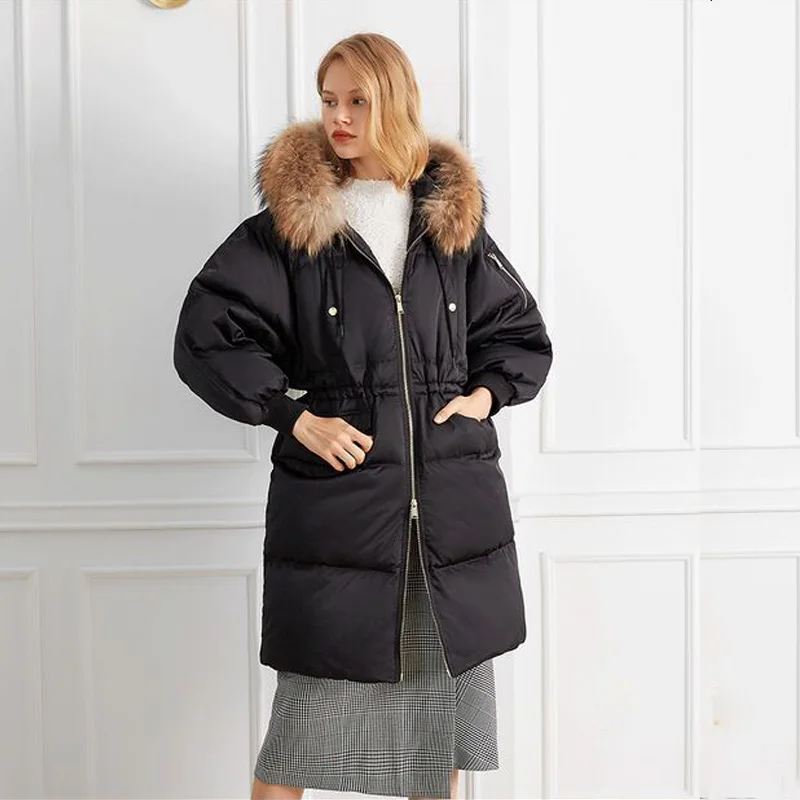 Длинные парки из натурального меха енота, женская зимняя куртка, Женская куртка на белом утином пуху, толстое теплое пальто, верхняя одежда, парки