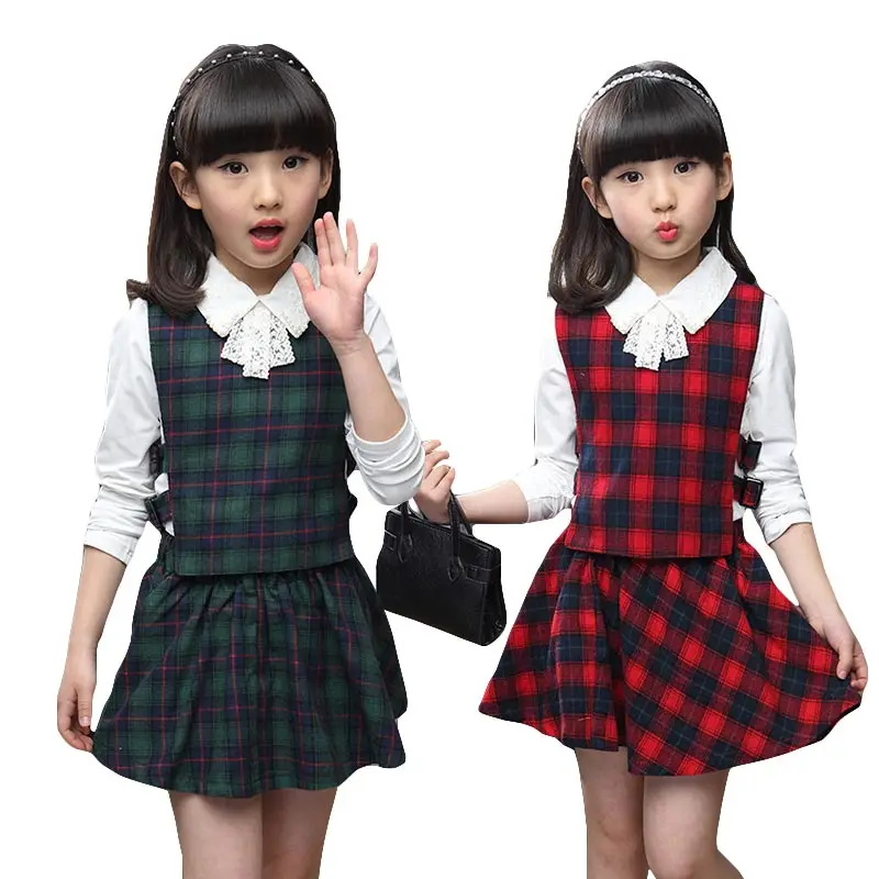 Goede 2016 lente herfst meisjes kleding set plaid 3 stks set katoen meisjes schooluniform tiener kleding sets pakken voor meisjes