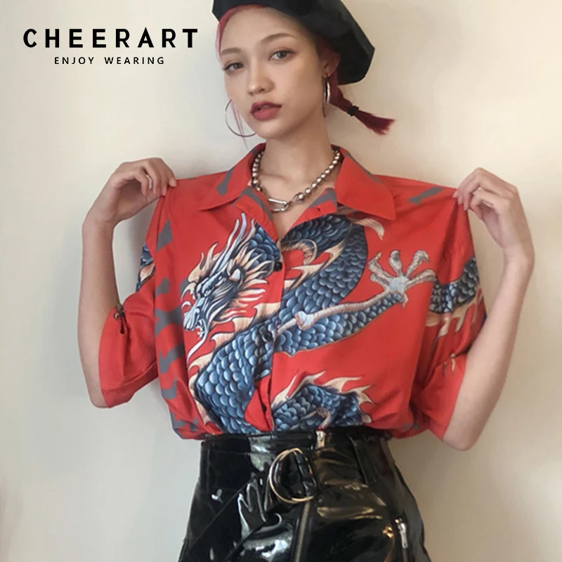 Cheerart harajuku блузка женская летняя рубашка дракон принт streetwear топ женский красная блузка блузка с коротким рукавом