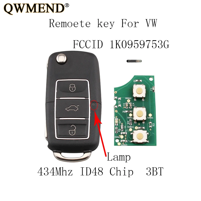 

QWMEND 3 Colour Car Remote Key For VW Golf Plus Jetta Touran Tiguan EOS Sirocco Jetta 2003-2011 1K0959753G 753G keys ID48chip