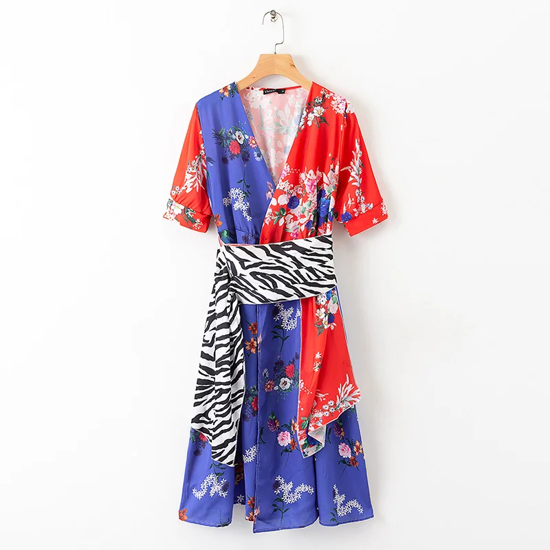 

Spring Summer Women Floral Print Zebra Pattern Patchwork Elegant Ladies V-Neck Half Sleeve Button Mid-Calf A-Line Vestidos