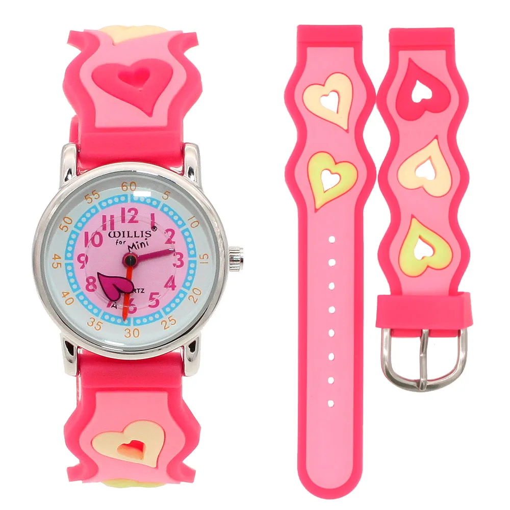 3D розовые часы для девочек с изображением бабочек, автомобилей, силиконовые детские часы, подарок для мальчиков, кварцевые Мультяшные часы, детские спортивные часы, водонепроницаемые часы - Цвет: Pink Heart