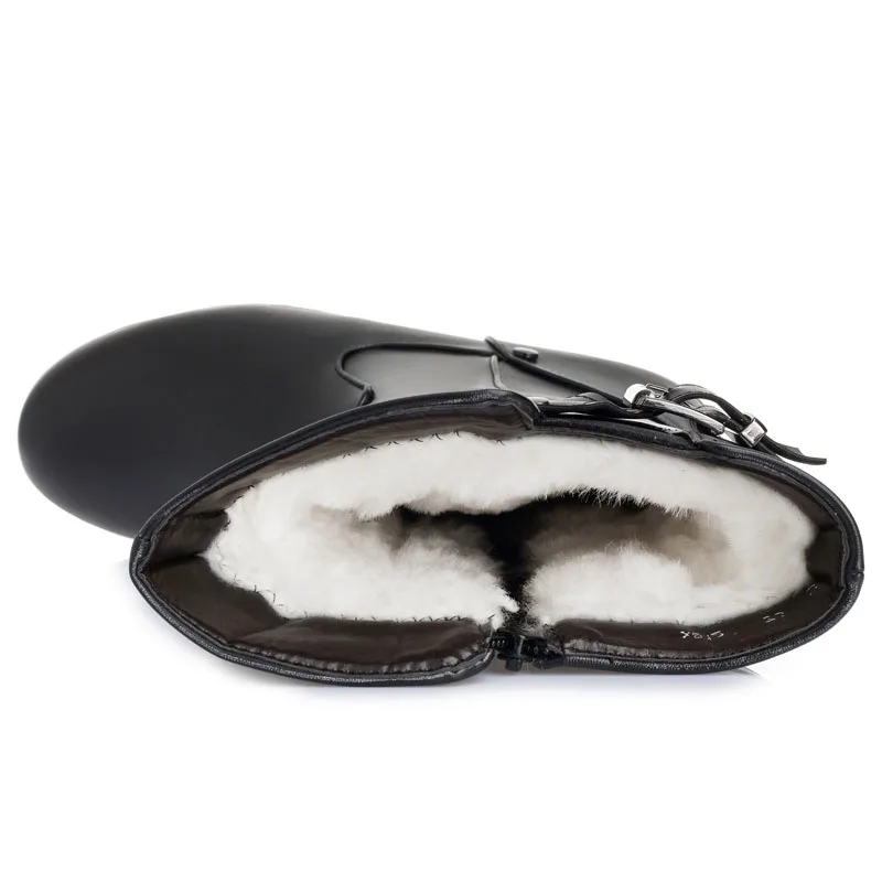 Women Boots Natural Wool Fur Warm Snow Boots Women Winter Flats Mid Calf Boots Genuine Leather Waterproof 35-43