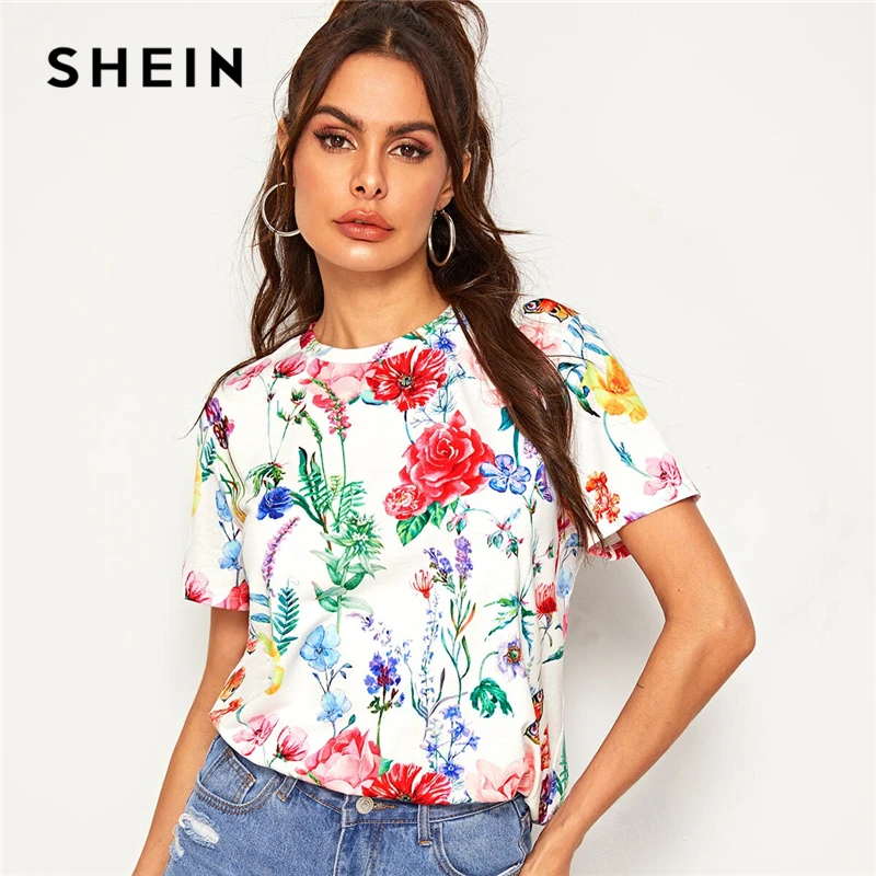 

SHEIN Allover Floral Print Tee Multicolor Summer Top Women Short Sleeve Round Neck 2019 Ladies Casual Tshirt Tops