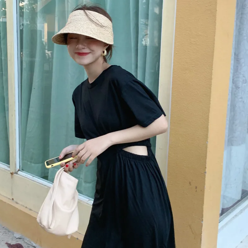 

Summer Dress 2019 High Waist Cut Out Short Sleeve Slim Korean Straight Casual Beach Long Women Sexy Ladies Sukienki Damskie