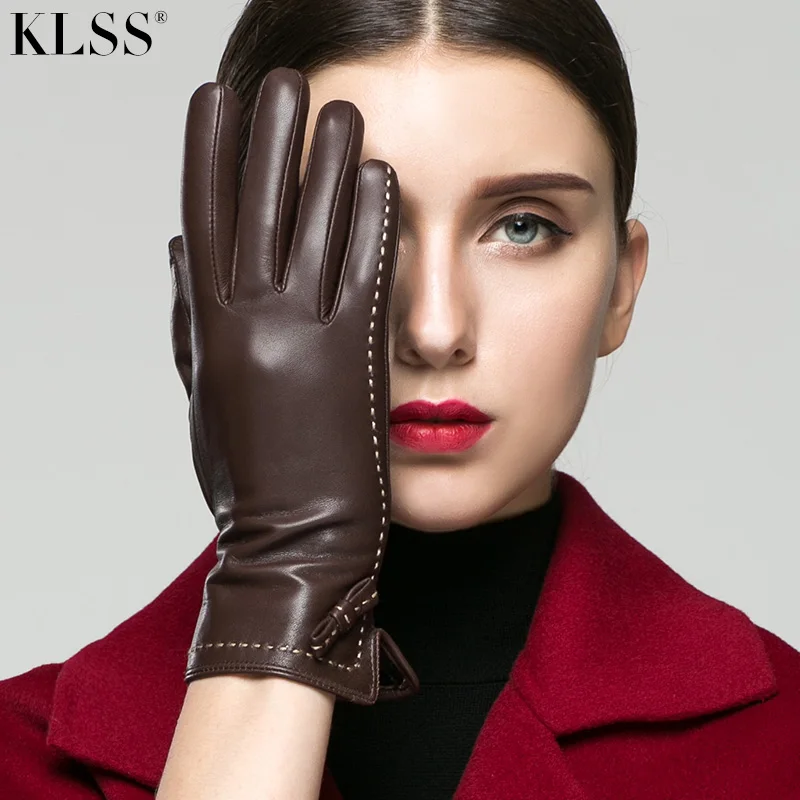 KLSS Brand Genuine Leather Women Gloves With Velvet Touchscreen High Quality Goatskin Glove Wrist Bowknot Driving Gloves 1501