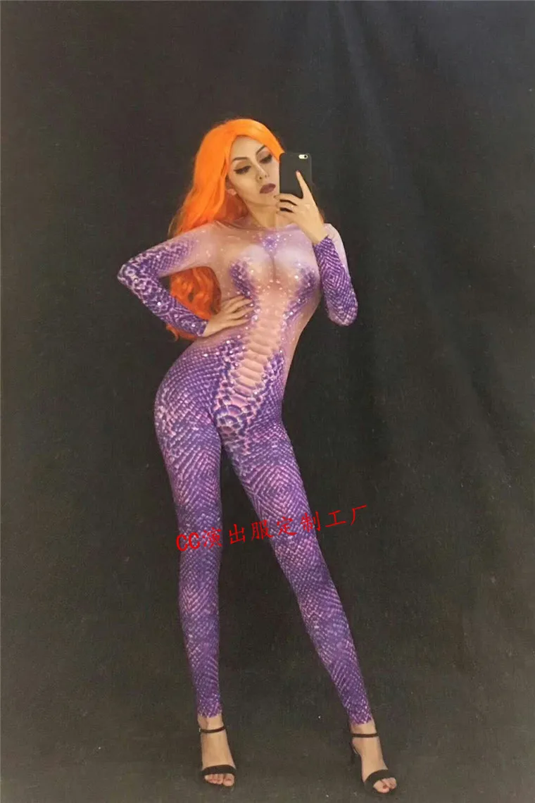 

Purple Sneck Printed Jumpsuit Female Singer Dancer Sexy Leggings Costume One-piece Bodysuit Nightclub Oufit Party Wear Outfit