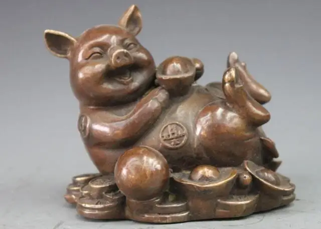 

S7182 China Bronze Copper YuanBao Coin Pig Home Fengshui Attract wealth Statue D0317