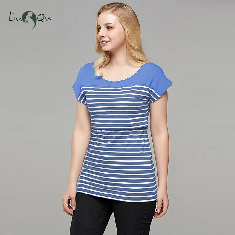 Womens Clothing Breastfeeding Clothes Maternity Blouses Top Short Sleeve Striped Pregnant Nursing Casual Pregnancy T-Shirt