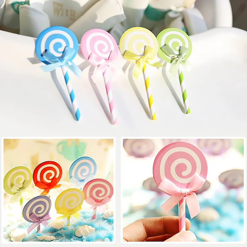 Lollipop Shaped Birthday Insert Cards Party 6PCS/Set Candy Color Bowknot Festival Decoration Cake Decorations