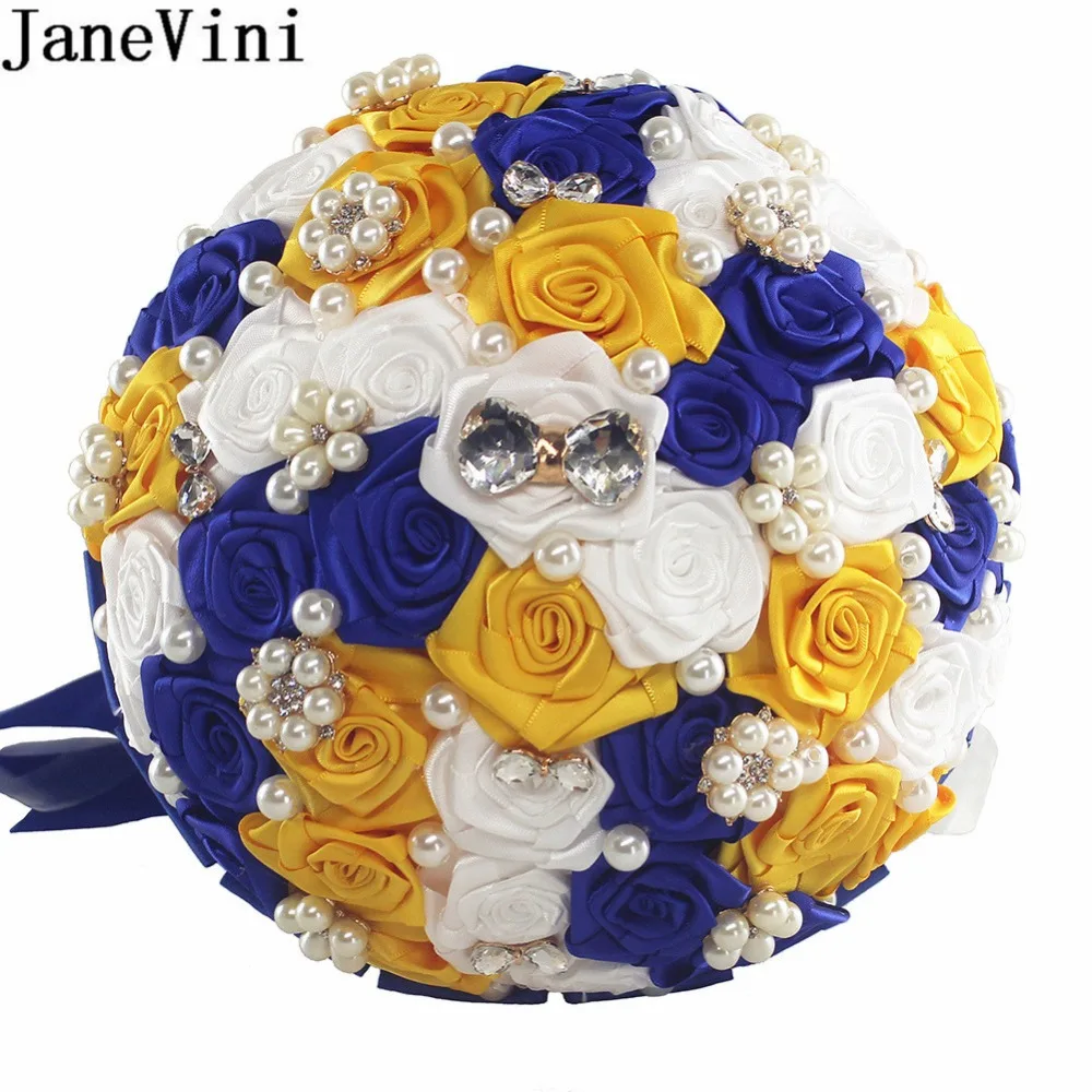 

JaneVini Royal Blue Flowers Wedding Bouquets With Crystal Yellow Pearls Bridal Brooch Brides Bridesmaids Satin Flower Bouquet