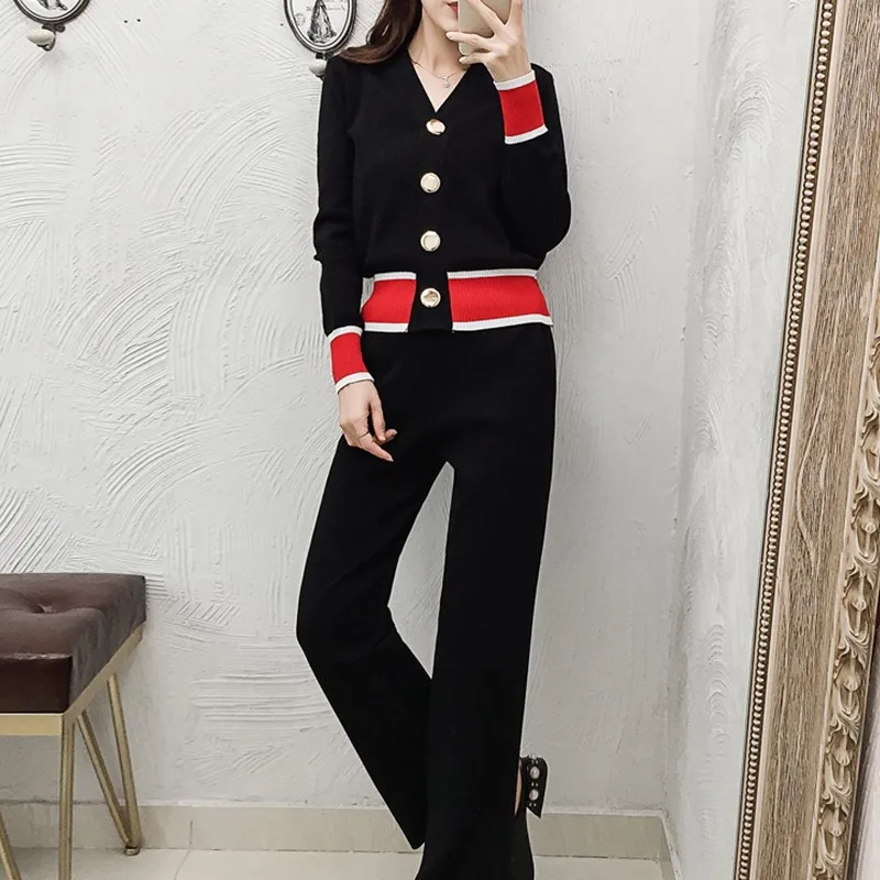 

2019 Spring Women Knitted Cardigans Pants 2 Pieces Sets Contrast Color Single Breasted V-neck Sweater Top + Wide Leg Pants Suits