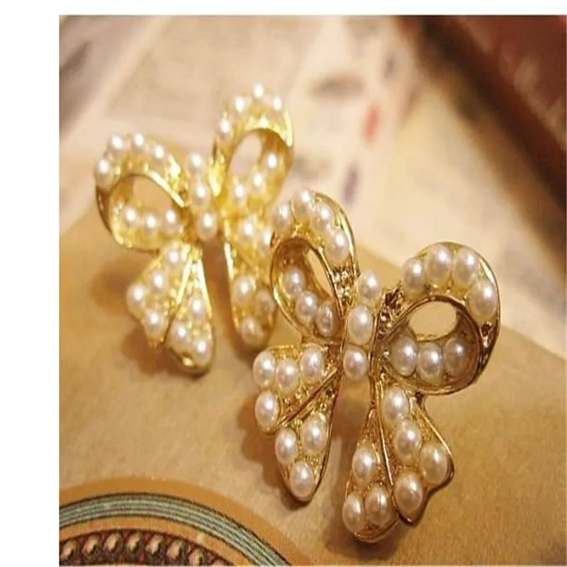 

E015 New Bowknot Simulated-pearl Stud Bow cute earring for women beautiful jewelry free shipping