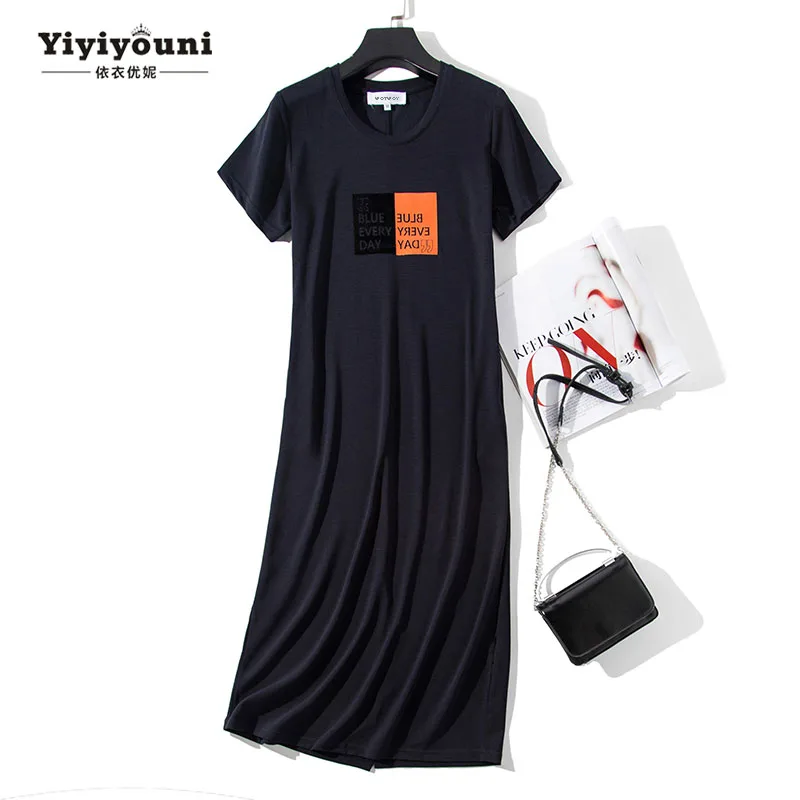 Summer Midi Print T Shirt Dresses Women Plus Size O-neck Pocket Split Dress Beach Casual Mid-calf Loose Navy Long Dresses 2019