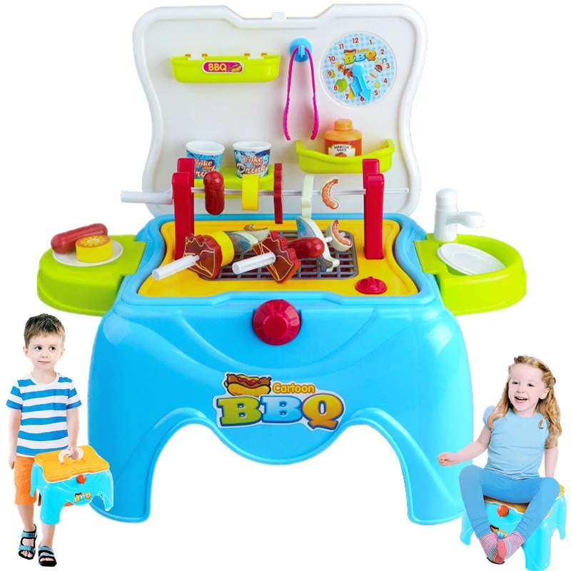 

Kid Pretend Play Barbecue Playset Simulation Kitchen Electric BBQ Toy Bbq stool Cookware Pretend Play Toy Barbecue boy blue