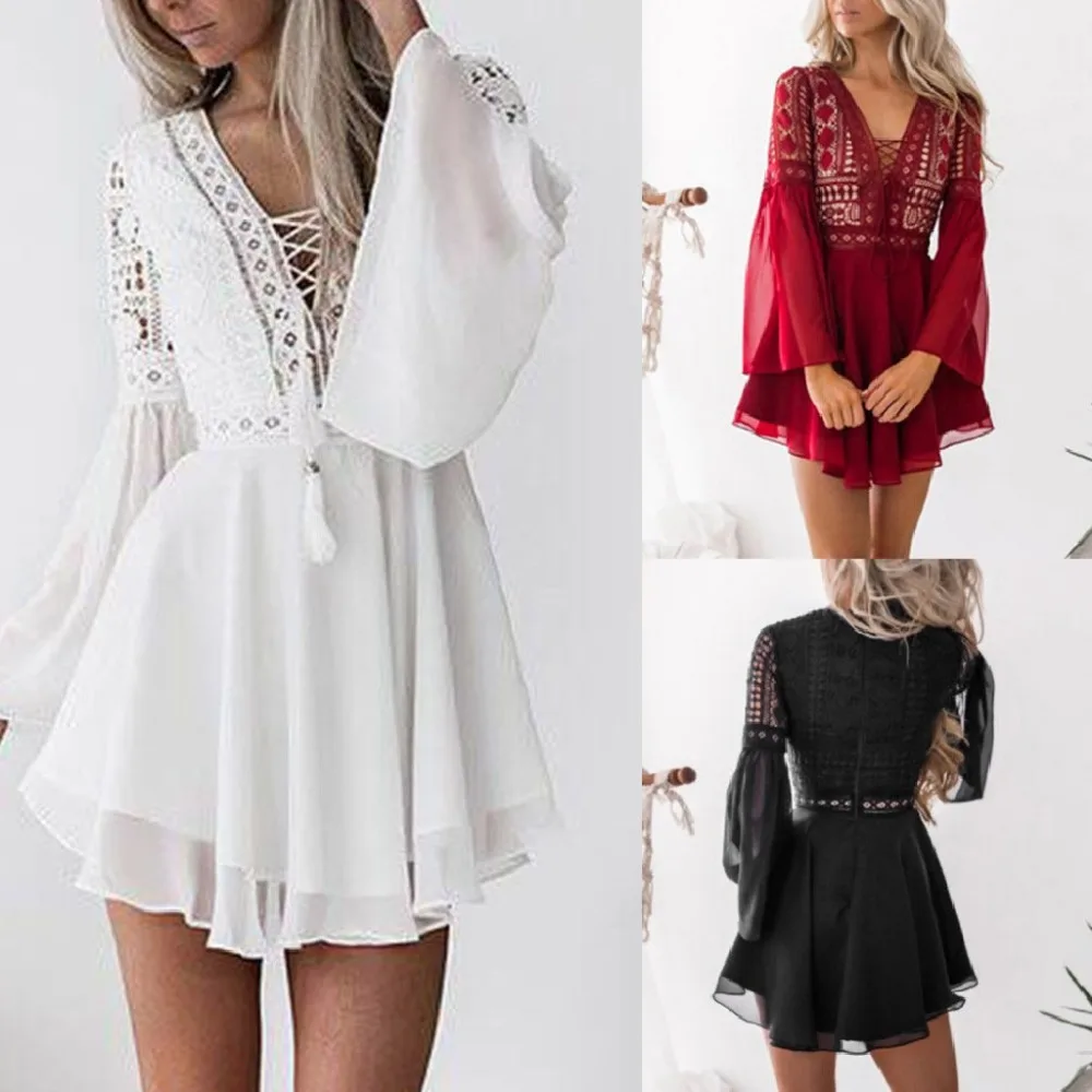 

Women Dress sexy v neck hollow out white beach sundress women summer batwing sleeve lace mini dresses party vestido fashion 2019