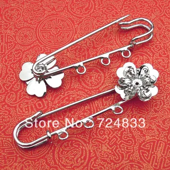 

18mm Blank Brooch Bases Flower with 3 Loops Kilt Pins Clips Brooches Pins Settings Jewelry Making Rhodium tone Metal Wholesale