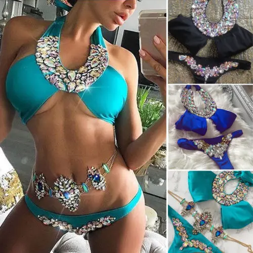 

ITFABS New Diamond Bikini Set Women Sexy Crystal Halter Bandage Push Up Padded Swimwear Rhinestone Swimsuit Traingle Bathing