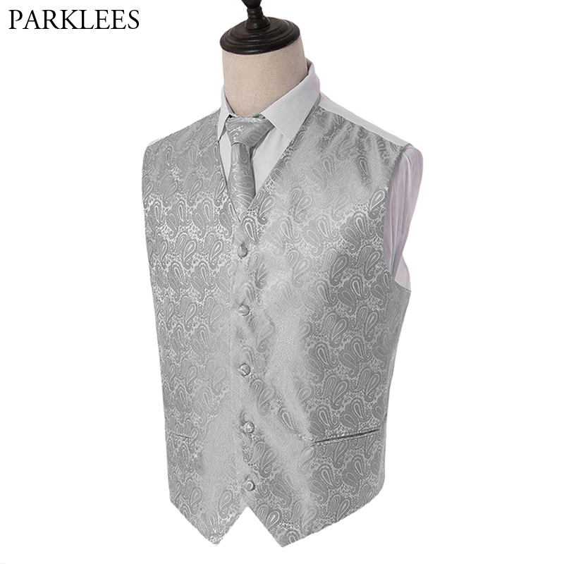 

3pc Men's Dress Vest Necktie Pocket Square Set Paisley Jacquard Waistcoat Vest Handkerchief Party Wedding Tuxedo Vest Suit Set