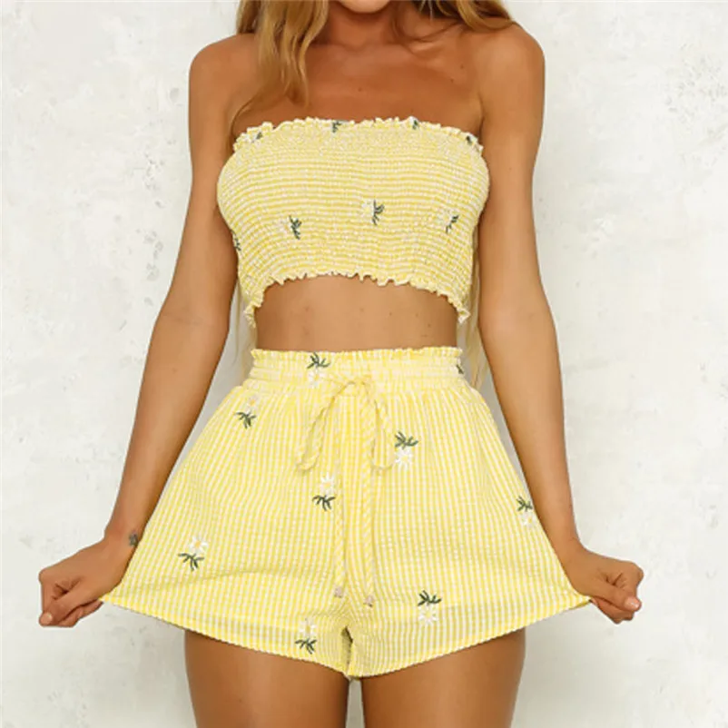 Feitong Fashion Women Girls Set Floral Print Off Shoulder Vest Tank Tops Mini Shorts Bandage Pants Set Summer Beach Suit 3D07 (4)