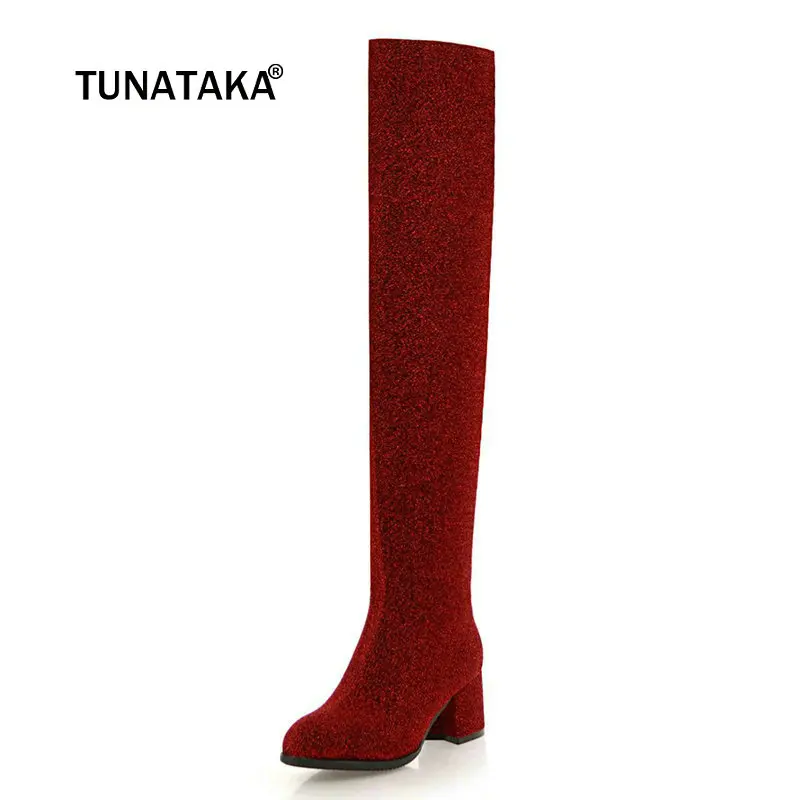 

Ladies Sequined Cloth Comfort Square Heel Knee High Boots Fashion Slip On Round Toe Winter Warm Women Shoes Black Red Silver