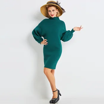

Vogue Nice Autumn Women Retro Sheath Dresses Straight Above Length Hunter Color Party Dress Turtleneck Nice Bodycon Dresses
