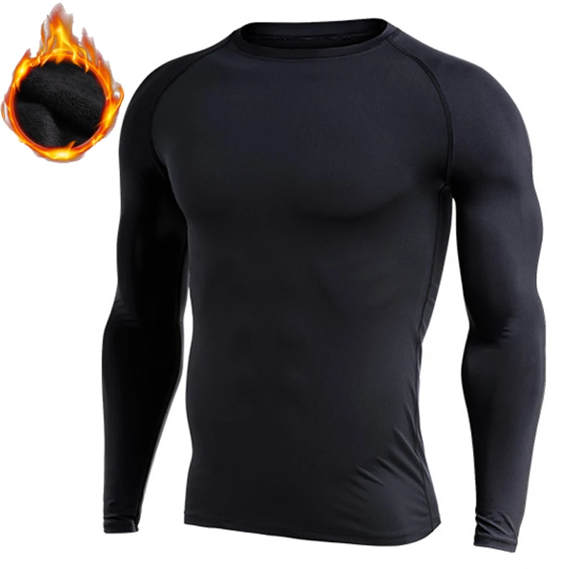 

Mens Fleece Sports T-shirts Compression Fitness Sweater Cross-Fit Jersey Running Tops keep-Warm Rashgard Sport Tshirt for Autumn