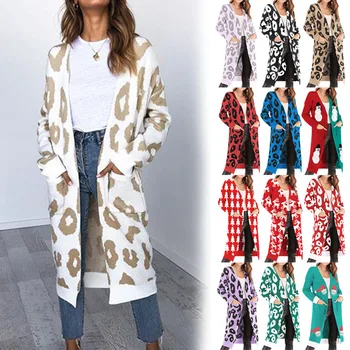 

Women Cardigan Christmas Leopard Print Autumn Winter Pockets Sweater Casual Loose Cardigan IK88