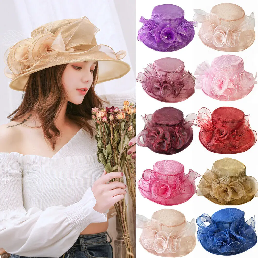 9 Colors Sun Hat Fashion Women Kentucky Derby Wide Brim Big Flower Fedoras Wedding Tea Party Summer Church Organza Hats